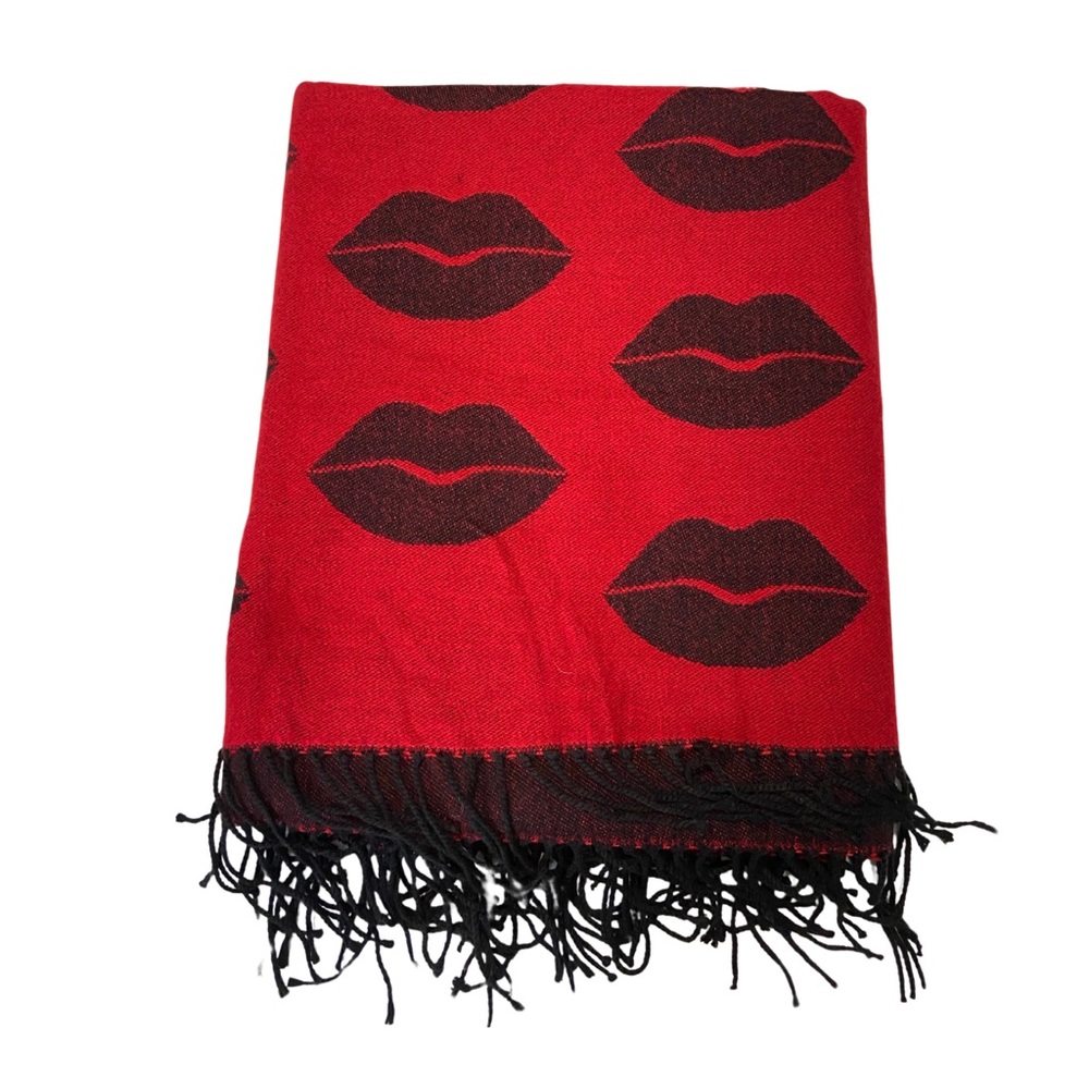 Victorias Secret Fringe Reversible Throw Blanket Scarf Shawl Lips Kiss Print OS